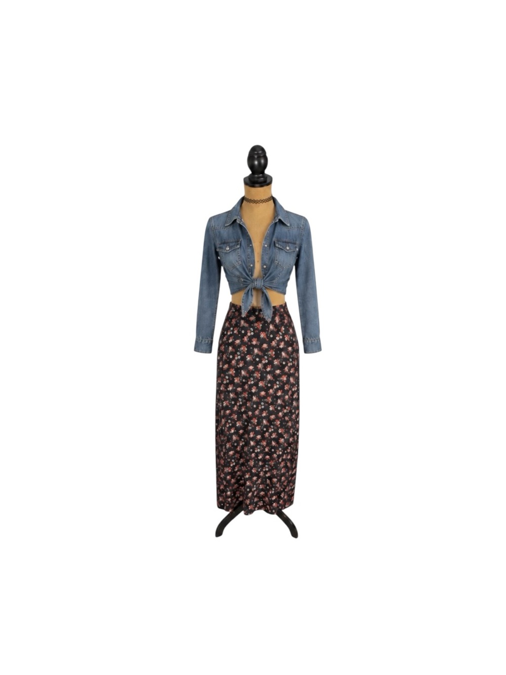 Vintage Black Floral Maxi Skirt with Pink and Cream Blossoms